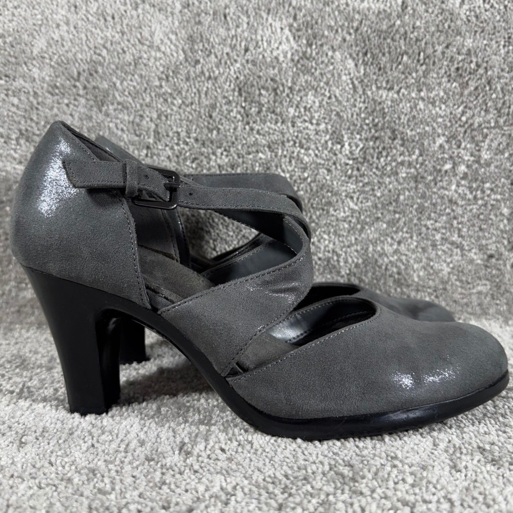 Aerosoles Metallic Suede Mary Jane Strap Block Heel Comfort Pumps Gray Women 6.5